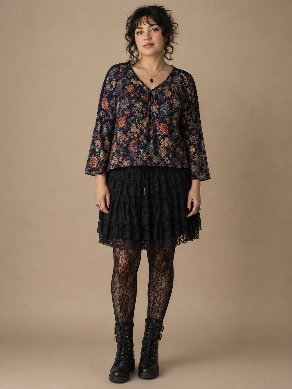 Navy Floral Boho Crochet Trim Bell Sleeve Peasant Top Plus Size 2X